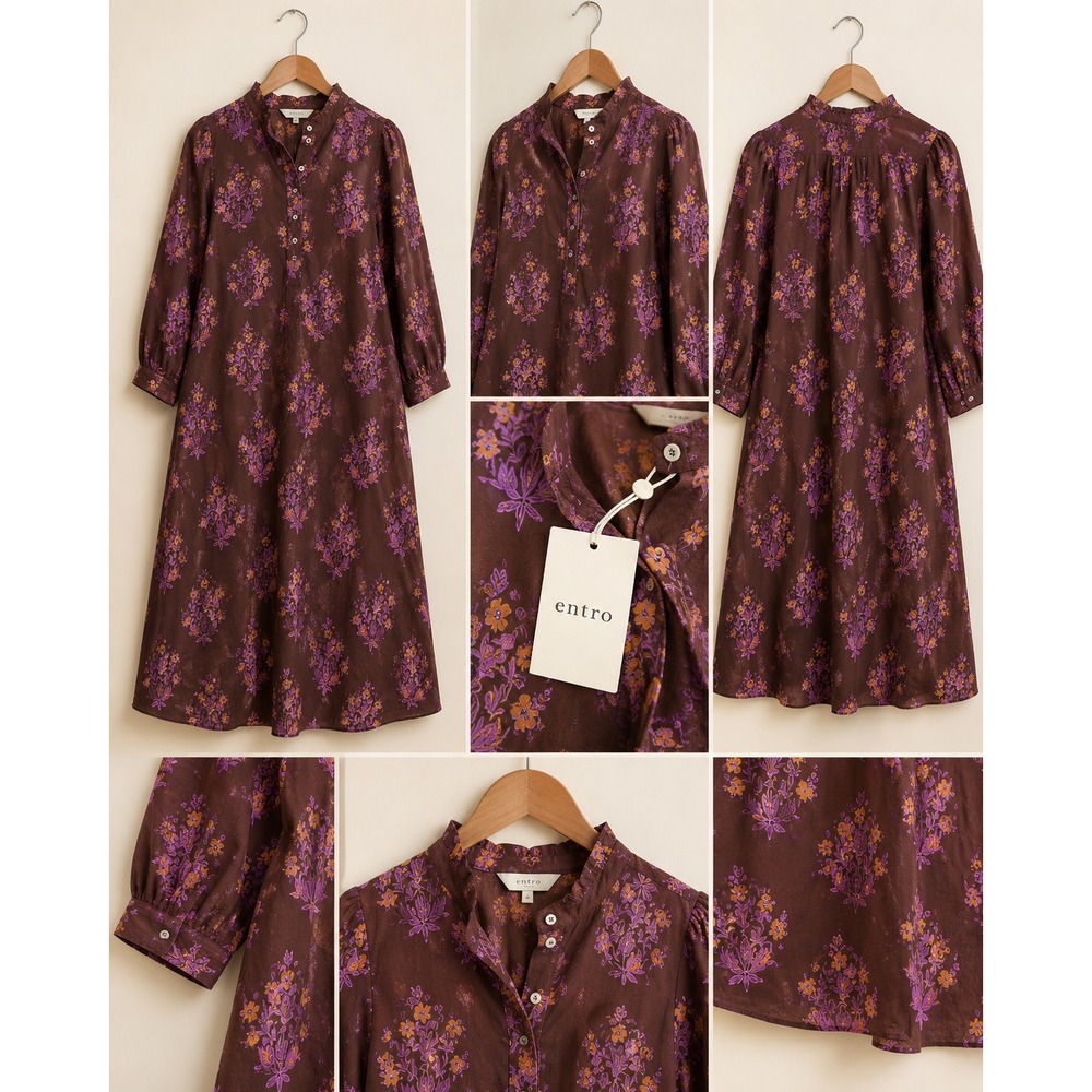Entro Glinda Dress Brown Purple Floral Block Print Midi Ruffle Henley Large NEW - Picture 4 of 15